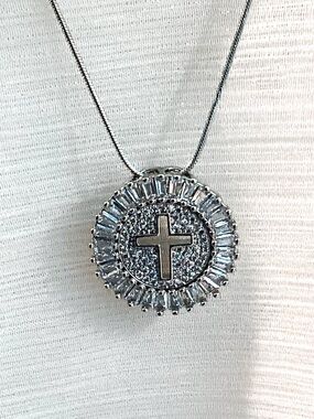 Baguette Halo Cross Cut Out Round Pendant Silver Faith  Necklace